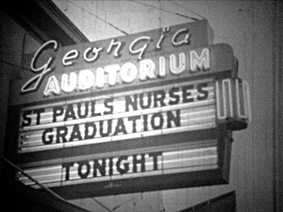 Georgia Auditorium sign advertises the St. Paul's Nurses Graduation ceremonies. Still taken from CBUT news footage (1959). Photo: C. Hagemoen