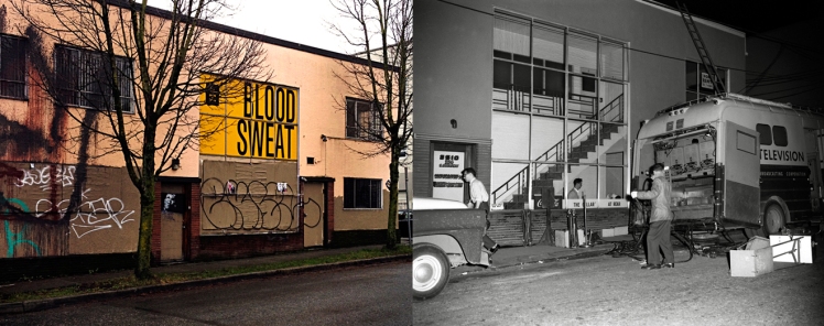 Two images of the exterior of the former Cellar Jazz club. Left- January 2014 a couple of months before the building was torn down To make way for more condos! Photo: C. Hagemoen. Right- March 21, 1961, CBUT on location at the Cellar, Photo: Franz Lindner, CBC Vancouver Still Photo Collection.