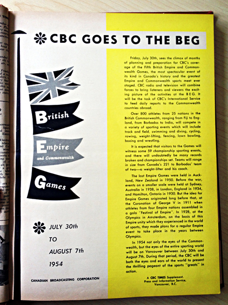 "CBC Times" Special Supplement for the 1954 BE&C Games in Vancouver.