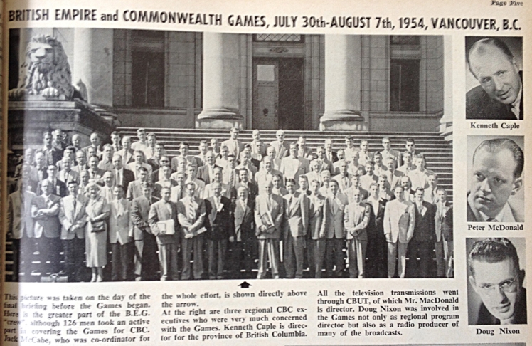 The greater part of the CBC BE&CG crew. Includes inserts of the local CBUT executives involved. Photo from the "CBC Times" special supplement for teh 1954 Games.